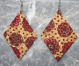 Large Red Flowers Diamond Shaped Cork Earrings