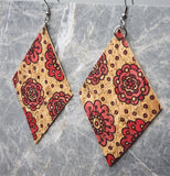 Large Red Flowers Diamond Shaped Cork Earrings