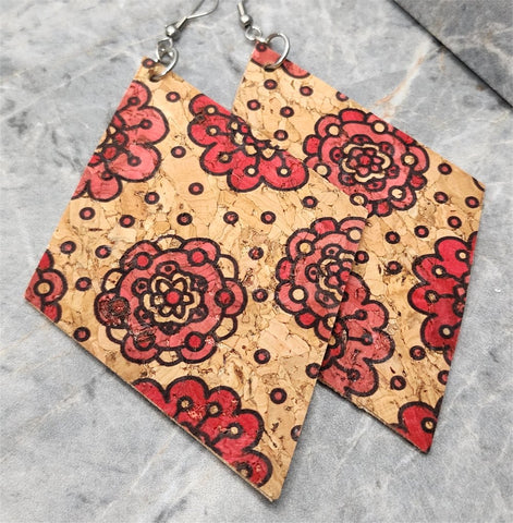 Large Red Flowers Diamond Shaped Cork Earrings