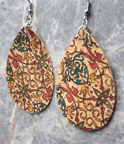 Colorful Flowers and Vines Cork Tear Drop Shaped Earrings