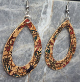 Colorful Flowers and Vines Cork Earrings Tear Drop Shaped with Cut Out Center