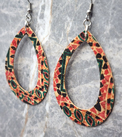 Very Colorful Cork Earrings Tear Drop Shaped with Cut Out Center