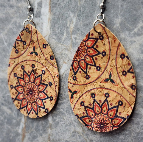 Geometric Flowers Tear Drop Shaped Cork Earrings