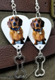 Dachshund Guitar Pick Earrings with Bone Charm Dangle