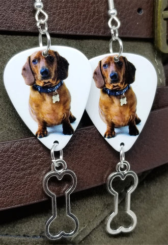 Dachshund Guitar Pick Earrings with Bone Charm Dangle