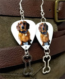 Dachshund Guitar Pick Earrings with Bone Charm Dangle