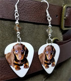 Dachshund Puppy Guitar Pick Earrings with Copper Swarovski Crystals