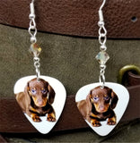 Dachshund Puppy Guitar Pick Earrings with Copper Swarovski Crystals