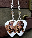 Dachshund Puppy Guitar Pick Earrings with Copper Swarovski Crystals
