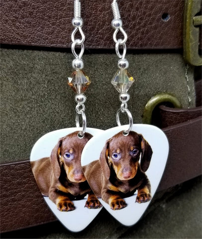 Dachshund Puppy Guitar Pick Earrings with Copper Swarovski Crystals