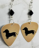 Dachshund Silhouette Guitar Pick Earrings with Black Swarovski Crystals