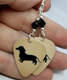 Dachshund Silhouette Guitar Pick Earrings with Black Swarovski Crystals