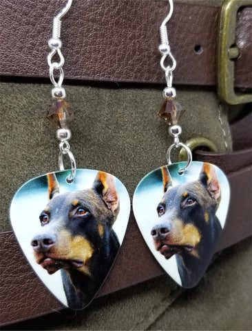 Doberman Pinscher Guitar Pick Earrings with Brown Swarovski Crystals