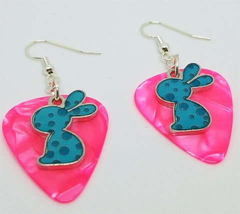 CLEARANCE Teal Polka Dot Bunny Charm Guitar Pick Earrings - Pick Your Color