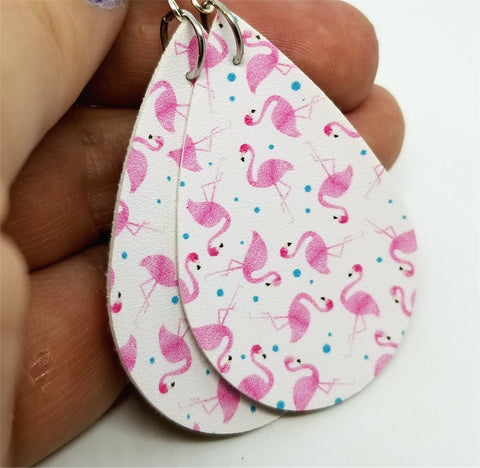 Pink Flamingo Tear Drop Shaped FAUX Leather Earrings