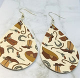 Cowboy Themed FAUX Leather Teardrop Earrings