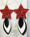 Red Glitter Very Sparkly Double Sided FAUX Leather Star Earrings with Black and White Layered Faux Leather Dangles