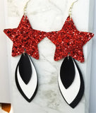 Red Glitter Very Sparkly Double Sided FAUX Leather Star Earrings with Black and White Layered Faux Leather Dangles