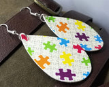 Autism Awareness Puzzle Pieces Tear Drop Shaped FAUX Leather Earrings
