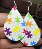 Autism Awareness Puzzle Pieces Tear Drop Shaped FAUX Leather Earrings