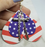 Red and White Striped FAUX Leather Earrings and a Blue with White Stars FAUX Leather and Silver Metal Cross Charm Overlay