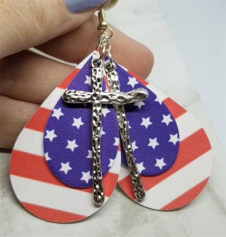 Red and White Striped FAUX Leather Earrings and a Blue with White Stars FAUX Leather and Silver Metal Cross Charm Overlay