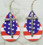 Red and White Striped FAUX Leather Earrings and a Blue with White Stars FAUX Leather and Silver Metal Cross Charm Overlay