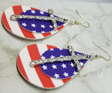 Red and White Striped FAUX Leather Earrings and a Blue with White Stars FAUX Leather and Silver Metal Cross Charm Overlay