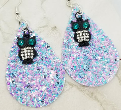 Chunky Blue, Pink and Purple Glitter Very Sparkly FAUX Leather Teardrop Earrings with Owl Charm
