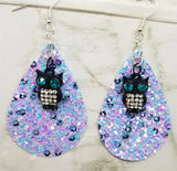 Chunky Blue, Pink and Purple Glitter Very Sparkly FAUX Leather Teardrop Earrings with Owl Charm