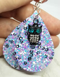 Chunky Blue, Pink and Purple Glitter Very Sparkly FAUX Leather Teardrop Earrings with Owl Charm