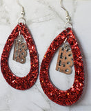 Red Glitter FAUX Leather Cut Out Teardrop Earrings with HoHoHo Charm Dangles