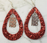 Red Glitter FAUX Leather Cut Out Teardrop Earrings with HoHoHo Charm Dangles