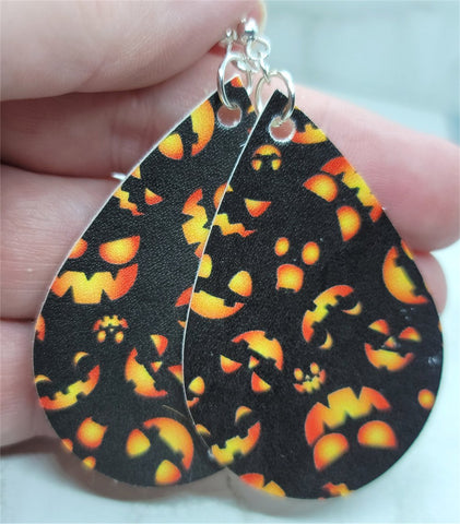 Jack o' Lantern Faces FAUX Leather Teardrop Earrings