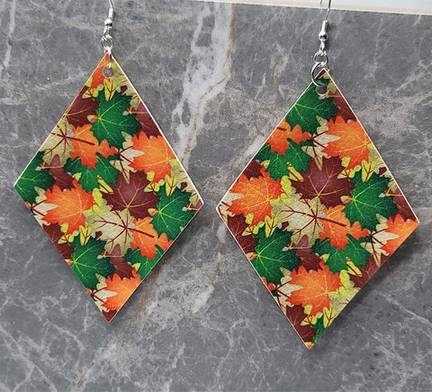 Autumnal Leaves on Diamond Shaped FAUX Leather Earrings