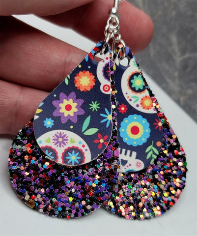 MultiColor Glitter Very Sparkly FAUX Leather Teardrops with Sugar Skull FAUX Leather Teardrop Overlay Earrings