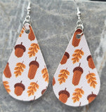 Autumn Leaves and Acorns Tear Drop Shaped FAUX Leather Earrings