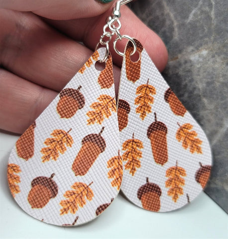Autumn Leaves and Acorns Tear Drop Shaped FAUX Leather Earrings
