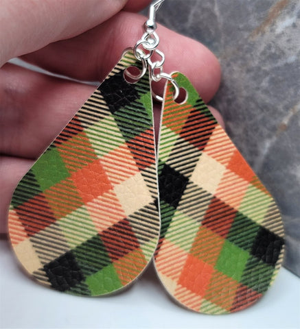 Plaid Tear Drop Shaped FAUX Leather Earrings