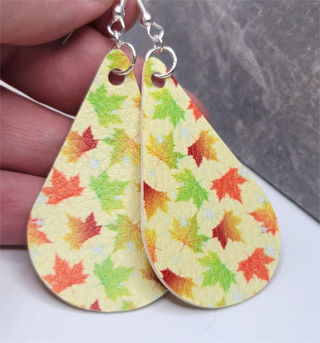 Autumn Maple Leaves Tear Drop Shaped FAUX Leather Earrings