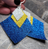 Blue Glitter FAUX Leather Diamond Shaped Earrings with Gold and Silver Glitter FAUX Leather Diamond Shaped Overlays