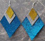 Aqua Blue Glitter FAUX Leather Diamond Shaped Earrings with Silver and Gold Glitter FAUX Leather Diamond Shaped Overlays