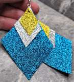 Aqua Blue Glitter FAUX Leather Diamond Shaped Earrings with Silver and Gold Glitter FAUX Leather Diamond Shaped Overlays