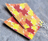 Orange, Red and Yellow Autumnal Leaves on Diamond Shaped FAUX Leather Earrings