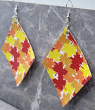 Orange, Red and Yellow Autumnal Leaves on Diamond Shaped FAUX Leather Earrings
