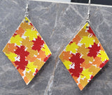 Orange, Red and Yellow Autumnal Leaves on Diamond Shaped FAUX Leather Earrings