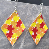Orange, Red and Yellow Autumnal Leaves on Diamond Shaped FAUX Leather Earrings