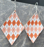 Orange, White and Black Argyle Diamond Shaped FAUX Leather Earrings