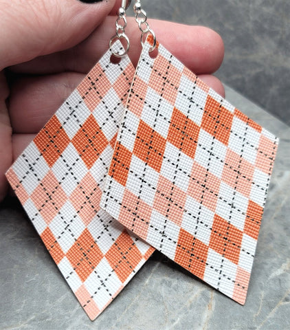 Orange, White and Black Argyle Diamond Shaped FAUX Leather Earrings