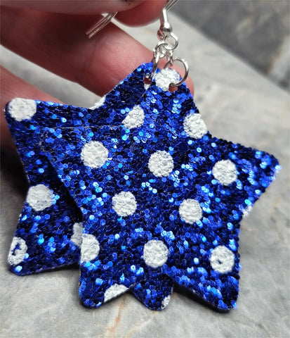 Blue Glitter FAUX Leather Star Earrings with White Polka Dots